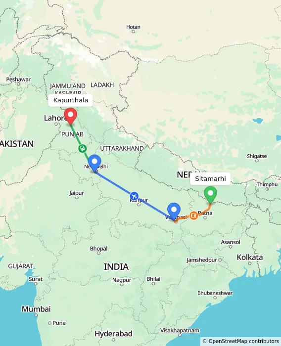 Route map showing distance and travel time from Sitamarhi, India to Kapurthala, India