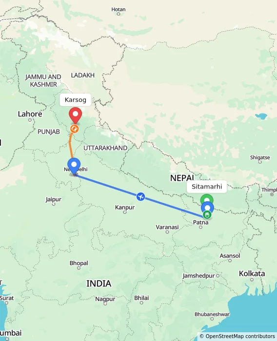 Route map showing distance and travel time from Sitamarhi, India to Karsog, India