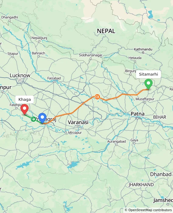 Route map showing distance and travel time from Sitamarhi, India to Khaga, India