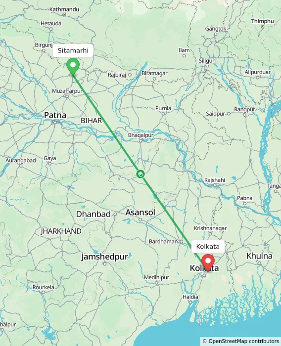 Route map showing distance and travel time from Sitamarhi, India to Kolkata, India