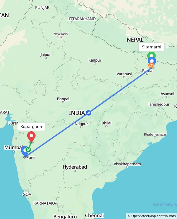 Route map showing distance and travel time from Sitamarhi, India to Kopargaon, India