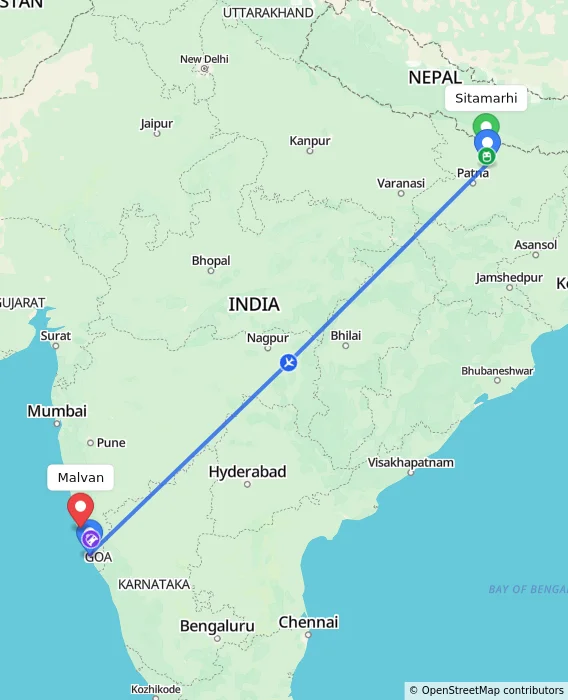 Route map showing distance and travel time from Sitamarhi, India to Malvan, India