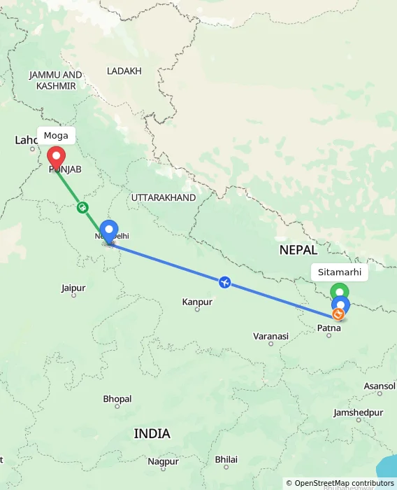 Route map showing distance and travel time from Sitamarhi, India to Moga, India