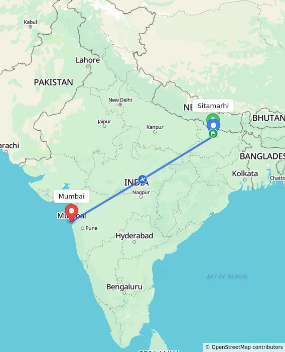 Route map showing distance and travel time from Sitamarhi, India to Mumbai, India