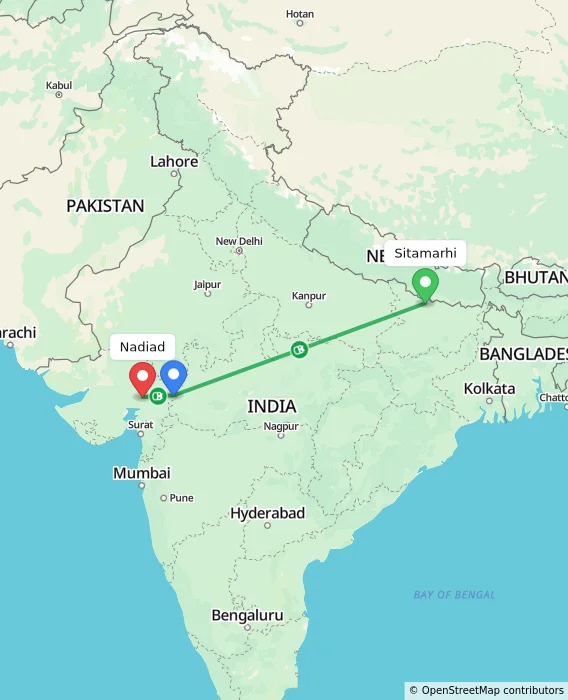 Route map showing distance and travel time from Sitamarhi, India to Nadiad, India