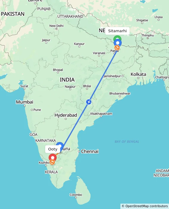 Route map showing distance and travel time from Sitamarhi, India to Ooty, India