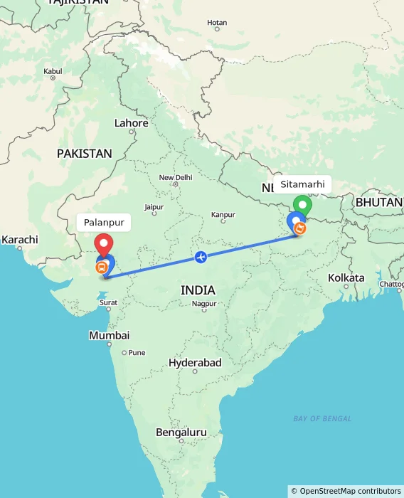 Route map showing distance and travel time from Sitamarhi, India to Palanpur, India