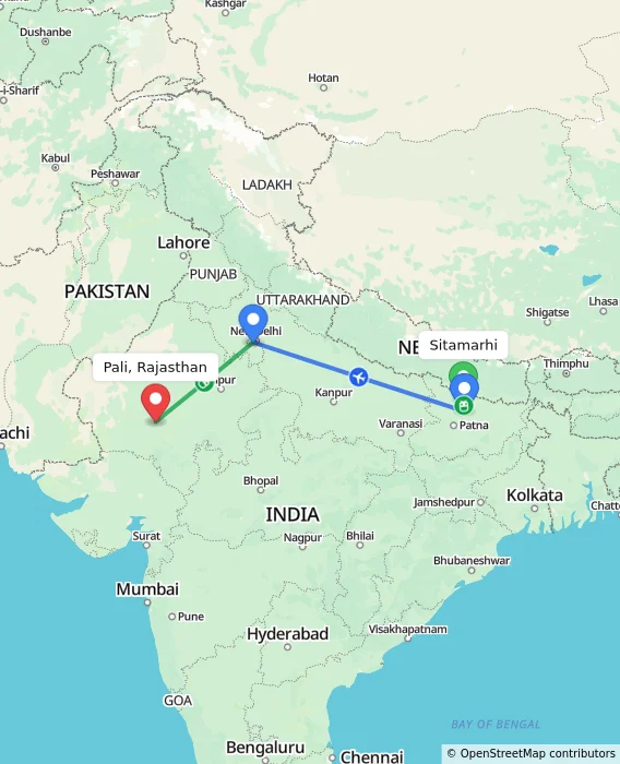 Route map showing distance and travel time from Sitamarhi, India to Pali, Rajasthan, India