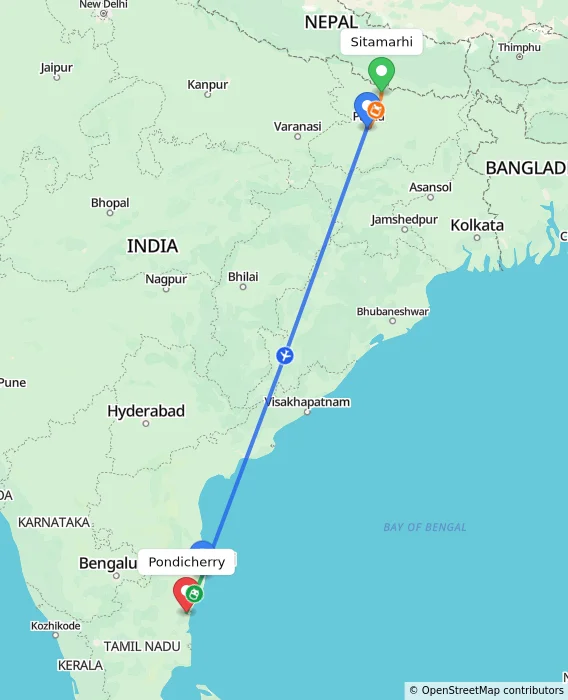 Route map showing distance and travel time from Sitamarhi, India to Puducherry, India