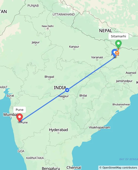 Route map showing distance and travel time from Sitamarhi, India to Pune, India