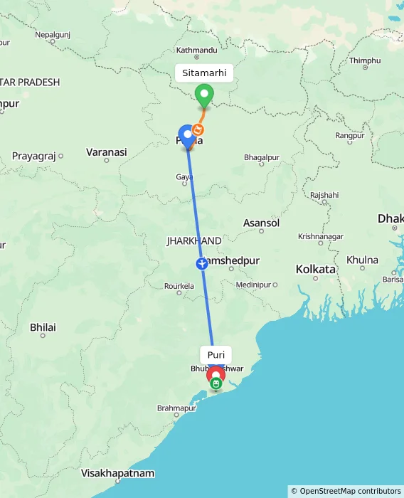 Route map showing distance and travel time from Sitamarhi, India to Puri, India