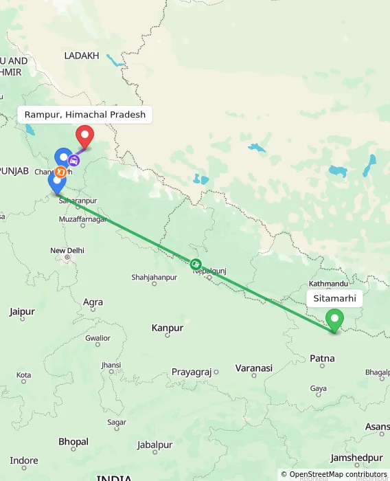 Route map showing distance and travel time from Sitamarhi, India to Rampur, Himachal Pradesh, India