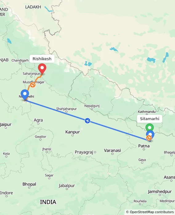 Route map showing distance and travel time from Sitamarhi, India to Rishikesh, India