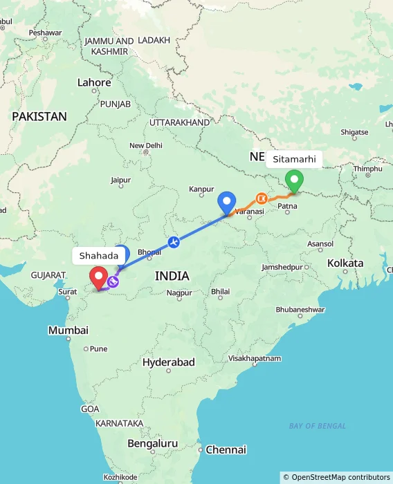 Route map showing distance and travel time from Sitamarhi, India to Shahada, India