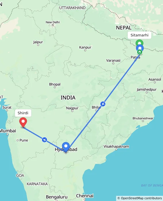 Route map showing distance and travel time from Sitamarhi, India to Shirdi, India