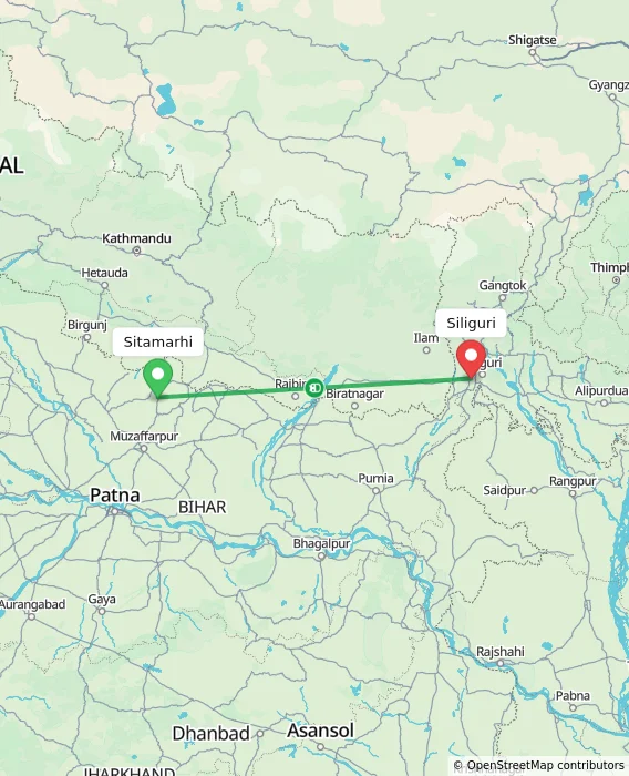 Route map showing distance and travel time from Sitamarhi, India to Siliguri, India