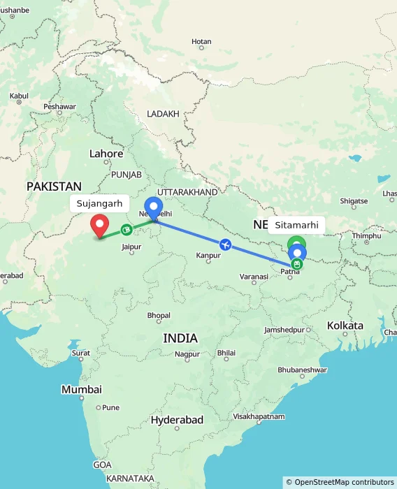 Route map showing distance and travel time from Sitamarhi, India to Sujangarh, India
