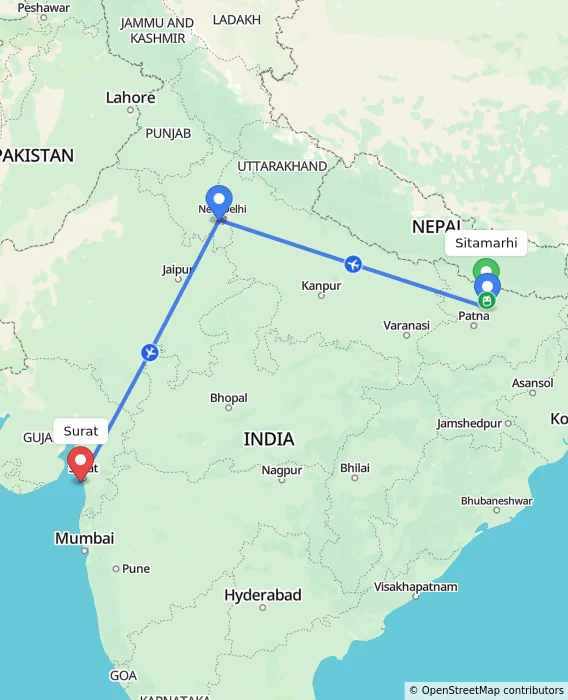 Route map showing distance and travel time from Sitamarhi, India to Surat, India
