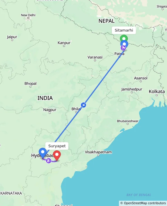 Route map showing distance and travel time from Sitamarhi, India to Suryapet, India