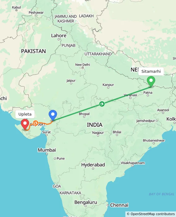 Route map showing distance and travel time from Sitamarhi, India to Upleta, India