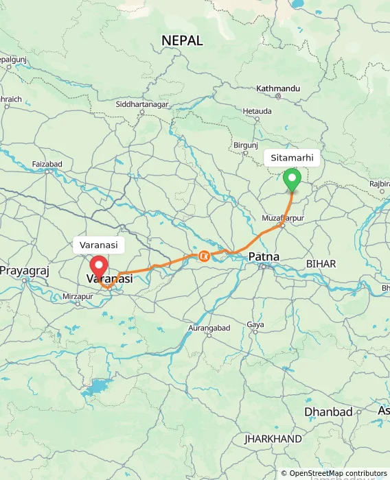Route map showing distance and travel time from Sitamarhi, India to Varanasi, India