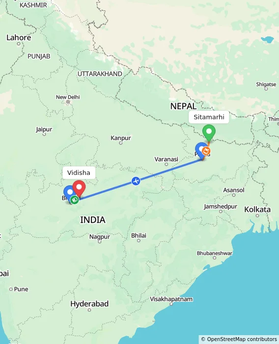 Route map showing distance and travel time from Sitamarhi, India to Vidisha, India