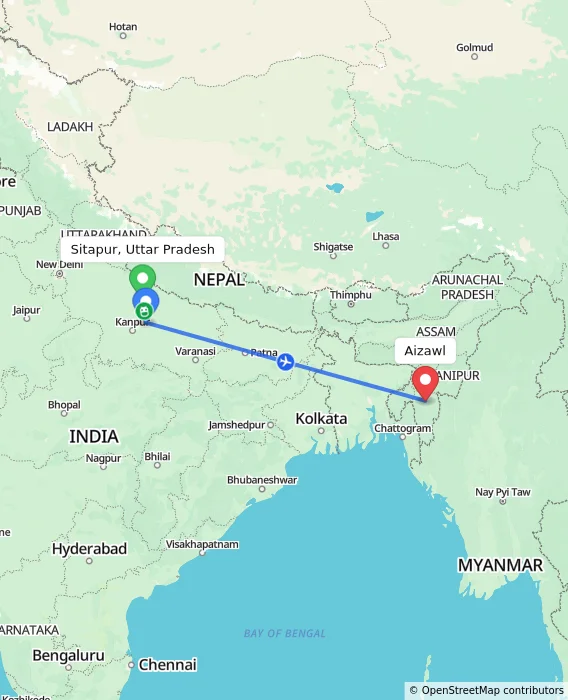 Route map showing distance and travel time from Sitapur, Uttar Pradesh, India to Aizawl, India