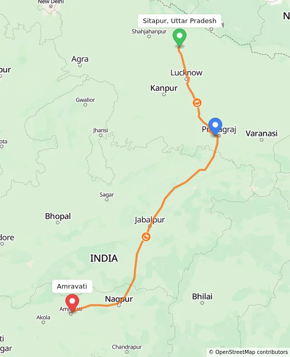 Route map showing distance and travel time from Sitapur, Uttar Pradesh, India to Amravati, India