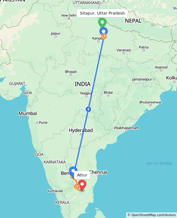 Route map showing distance and travel time from Sitapur, Uttar Pradesh, India to Attur, India