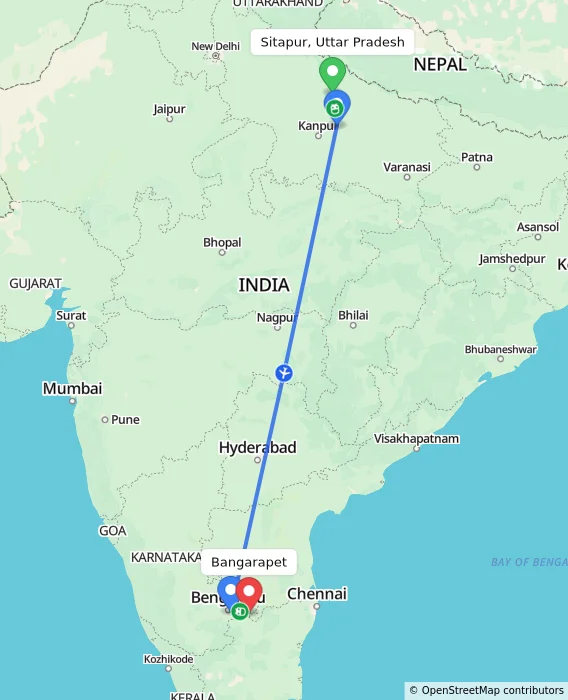 Route map showing distance and travel time from Sitapur, Uttar Pradesh, India to Bangarapet, India