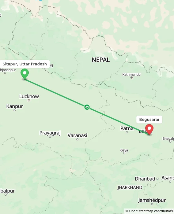 Route map showing distance and travel time from Sitapur, Uttar Pradesh, India to Begusarai, India