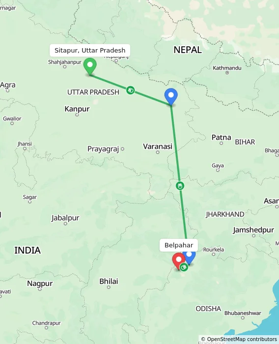 Route map showing distance and travel time from Sitapur, Uttar Pradesh, India to Belpahar, India