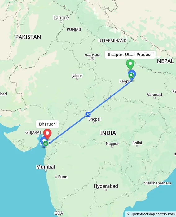 Route map showing distance and travel time from Sitapur, Uttar Pradesh, India to Bharuch, India