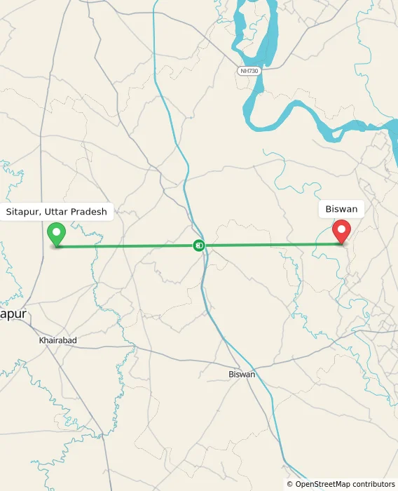 Route map showing distance and travel time from Sitapur, Uttar Pradesh, India to Biswan, India