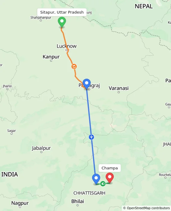 Route map showing distance and travel time from Sitapur, Uttar Pradesh, India to Champa, India