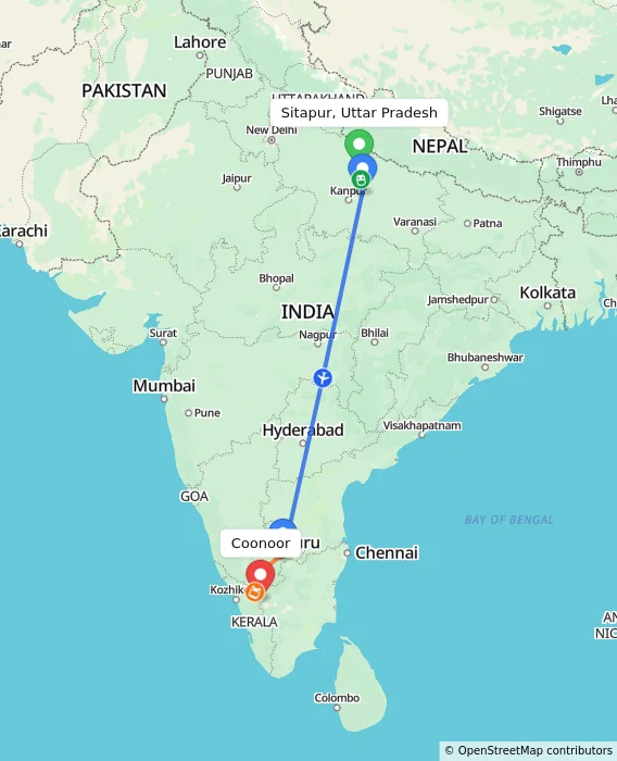 Route map showing distance and travel time from Sitapur, Uttar Pradesh, India to Coonoor, India