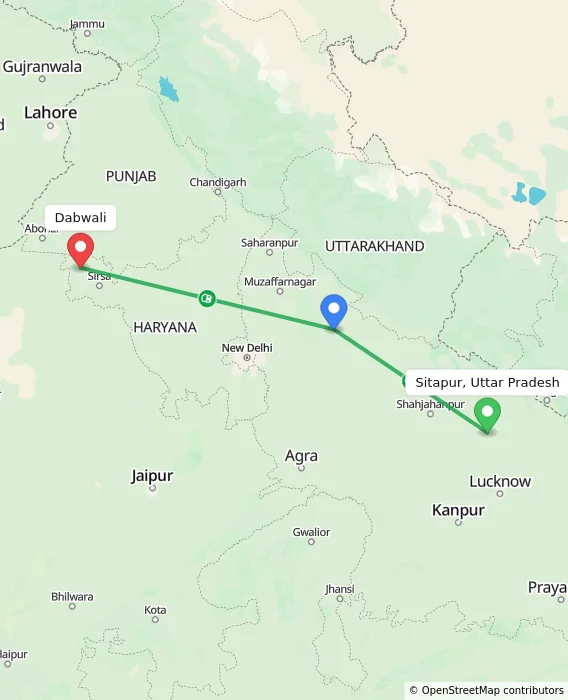 Route map showing distance and travel time from Sitapur, Uttar Pradesh, India to Dabwali, India