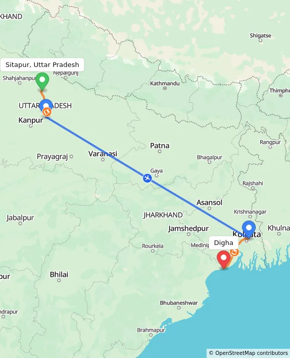 Route map showing distance and travel time from Sitapur, Uttar Pradesh, India to Digha, India