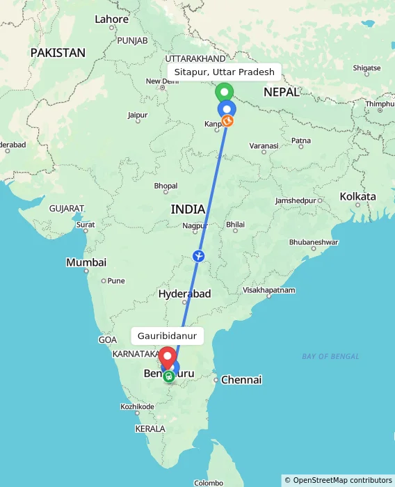 Route map showing distance and travel time from Sitapur, Uttar Pradesh, India to Gauribidanur, India