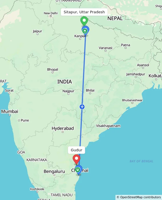 Route map showing distance and travel time from Sitapur, Uttar Pradesh, India to Gudur, India