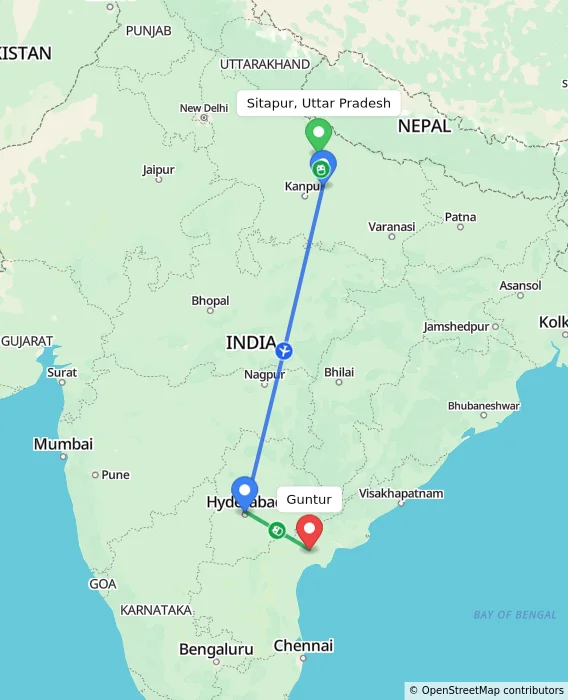 Route map showing distance and travel time from Sitapur, Uttar Pradesh, India to Guntur, India