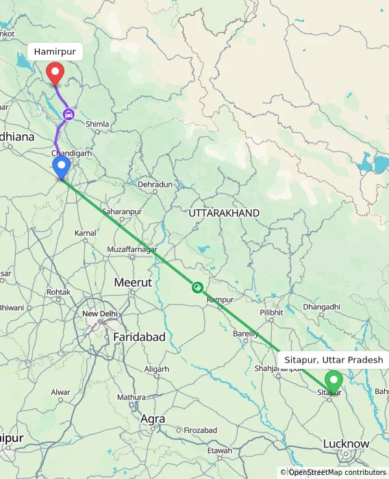 Route map showing distance and travel time from Sitapur, Uttar Pradesh, India to Hamirpur, India