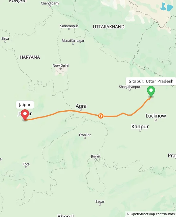 Route map showing distance and travel time from Sitapur, Uttar Pradesh, India to Jaipur, India