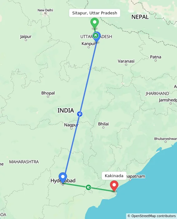 Route map showing distance and travel time from Sitapur, Uttar Pradesh, India to Kakinada, India