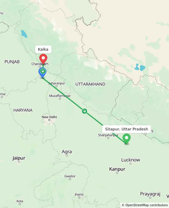 Route map showing distance and travel time from Sitapur, Uttar Pradesh, India to Kalka, India