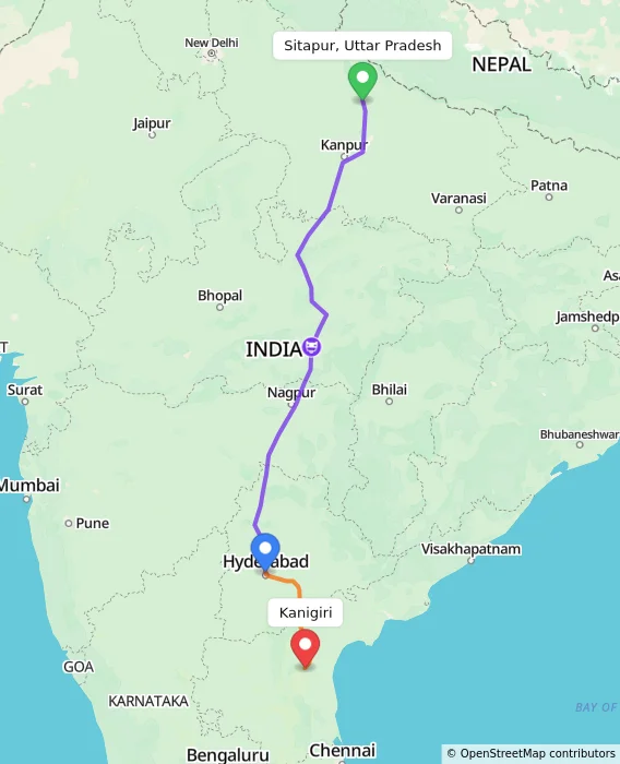 Route map showing distance and travel time from Sitapur, Uttar Pradesh, India to Kanigiri, India
