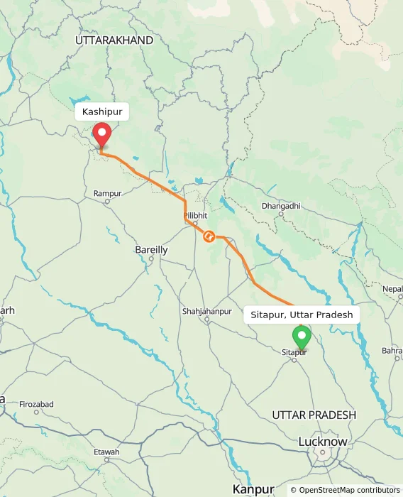 Route map showing distance and travel time from Sitapur, Uttar Pradesh, India to Kashipur, India