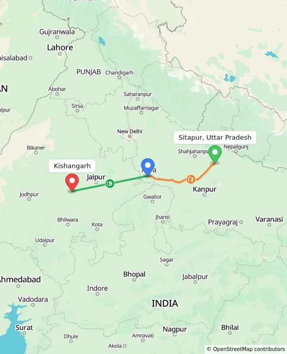 Route map showing distance and travel time from Sitapur, Uttar Pradesh, India to Kishangarh, India