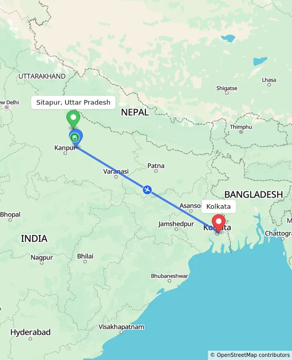 Route map showing distance and travel time from Sitapur, Uttar Pradesh, India to Kolkata, India
