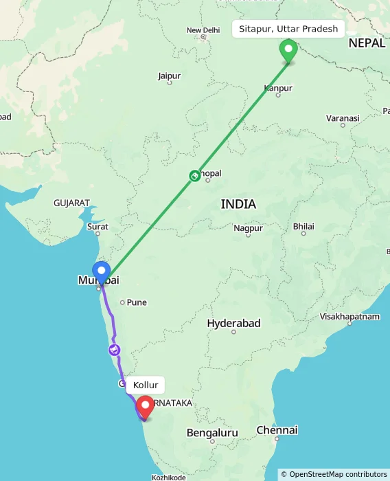 Route map showing distance and travel time from Sitapur, Uttar Pradesh, India to Kollur, India